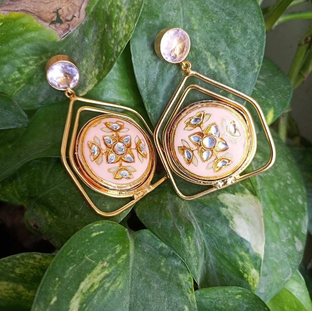 Handmade gold platted stone studded enameled drop earrings - Picture 6 of 10